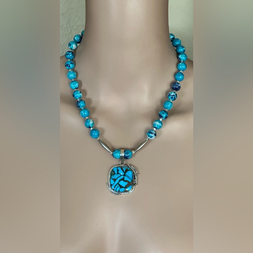 20 inch Blue & Gray Rain Flower Jade Bead Necklace NWOT